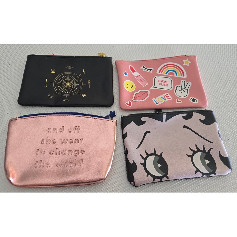Lot of 4 Ipsy Makeup Bags Betty Boop Rose Gold Celestial Pink Patch Pouches